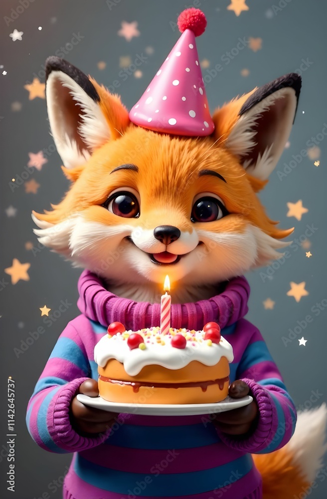 A cheerful fox in a party hat is joyfully holding a birthday cake