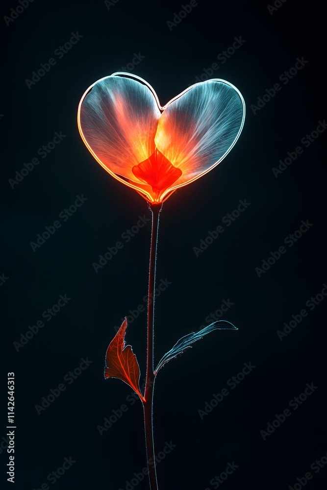 Heart-shaped flower illuminated with white neon light on a black background. Valentine, minimalistic, simple concept.