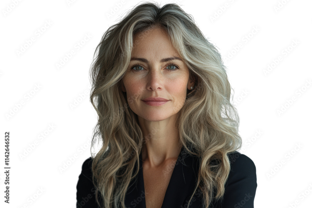 A confident woman with long, wavy silver hair and natural makeup, smiling softly against a dark background, exuding elegance and poise. A confident woman with long, wavy silver hair and natural makeup, smiling softly against a dark background, exuding elegance and poise.