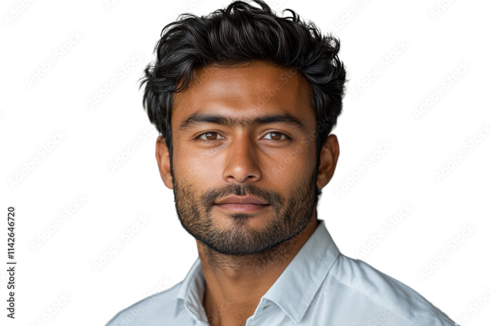 A confident young man with curly hair and a well-groomed beard, wearing a light shirt against a white background. A confident young man with curly hair and a well-groomed beard, wearing a light shirt against a white background.