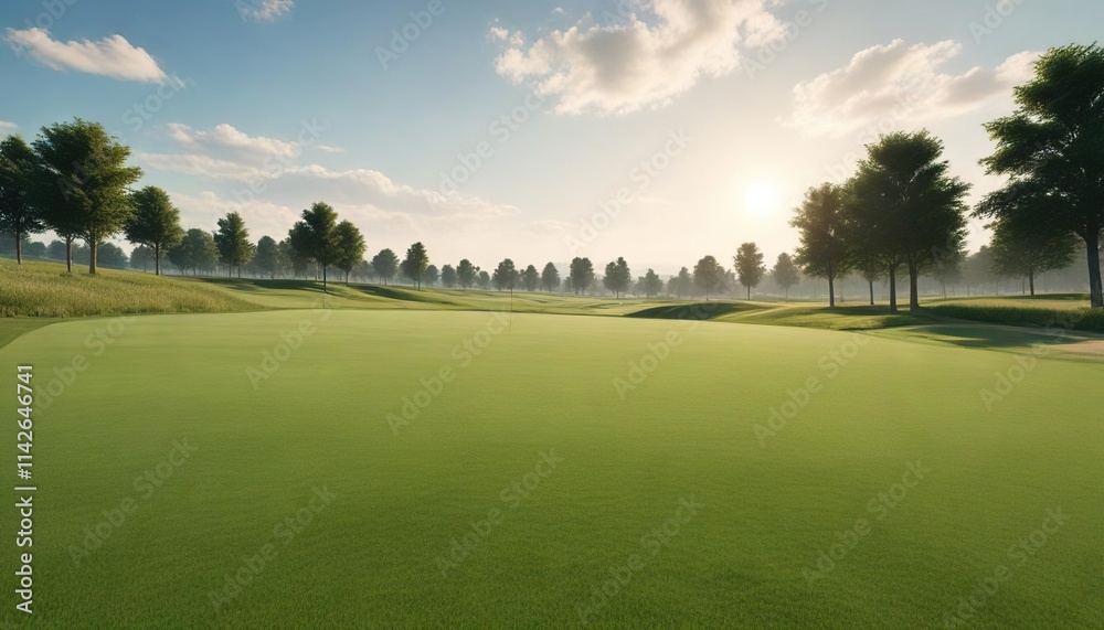Summer day at the golf course with blue skies and green grass, golf course, green grass, outdoors Summer day at the golf course with blue skies and green grass, golf course, green grass, outdoors