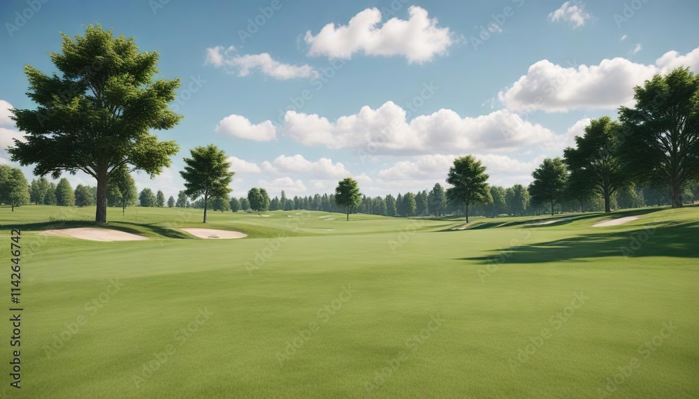 Summer day at the golf course with blue skies and green grass, sunny, outdoors Summer day at the golf course with blue skies and green grass, sunny, outdoors