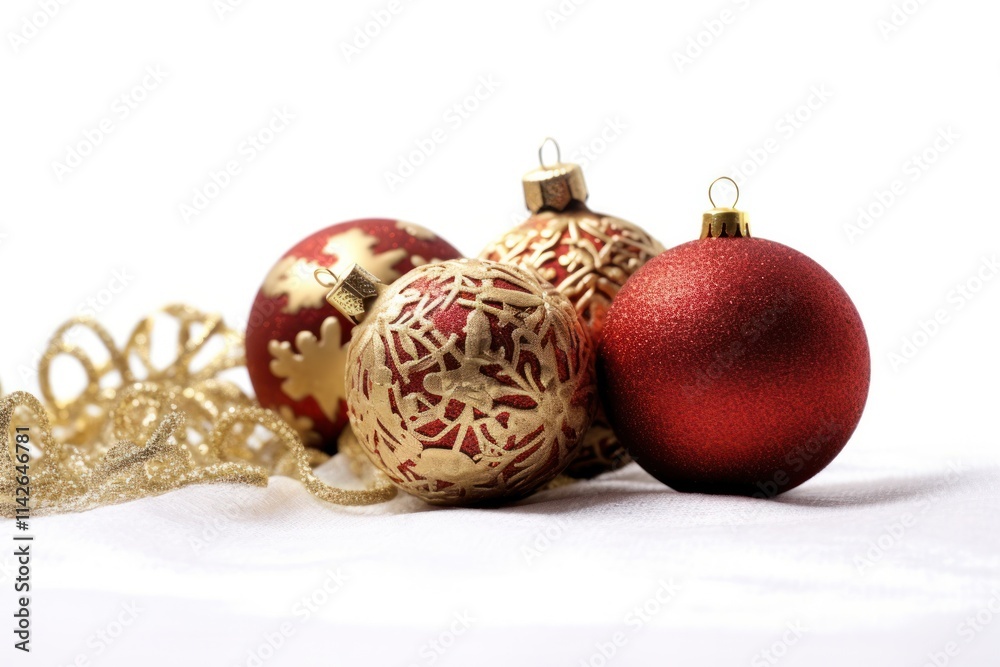 A cozy composition of traditional red and gold Christmas ornaments, including intricate glass globes and festive stockings A cozy composition of traditional red and gold Christmas ornaments, including intricate glass globes and festive stockings