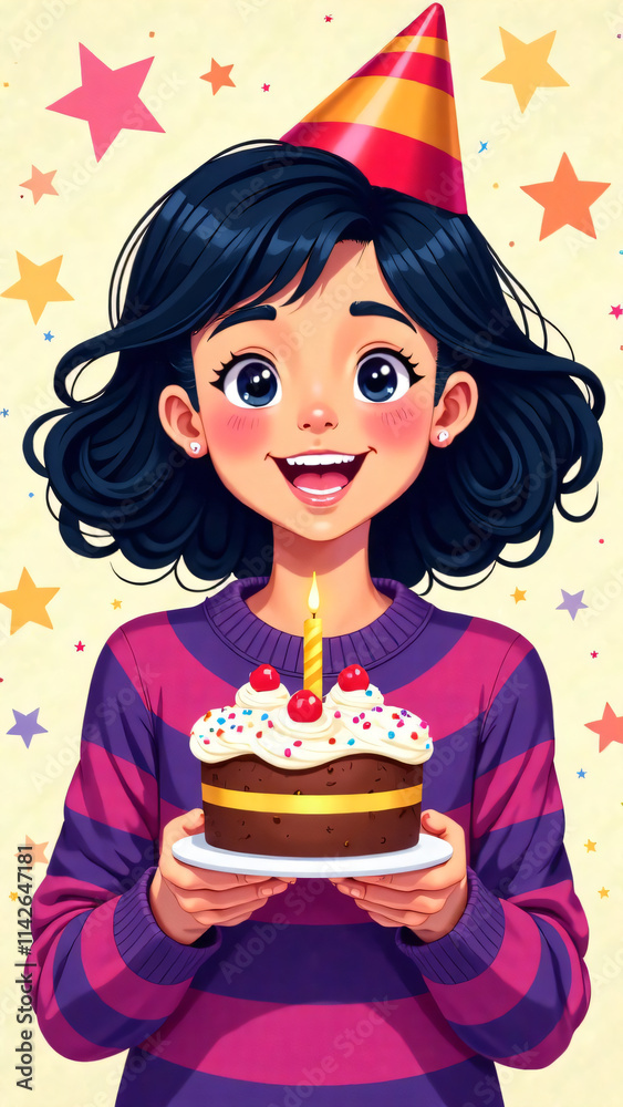 A cheerful girl in a party hat is joyfully holding a birthday cake