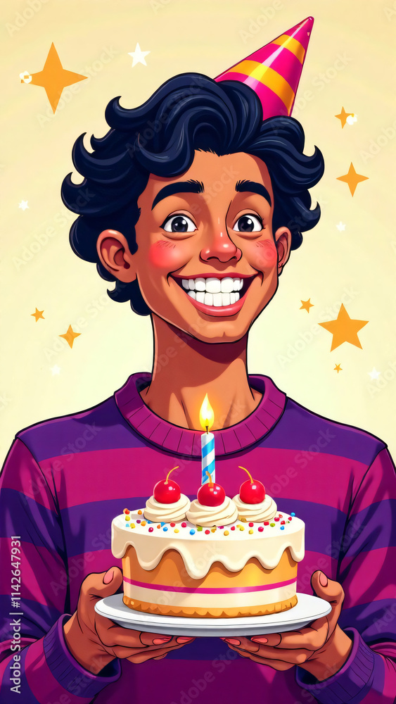 A cheerful boy in a party hat is joyfully holding a birthday cake