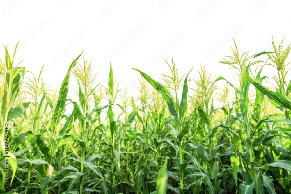 Obraz premium A field of sweet corn plants basking in the sunlight, showcasing their tall green stalks and bright yellow ears ready for harvest