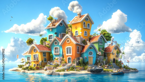 Colorful cartoon house in cartoon style on an island in the middle of the blue sea