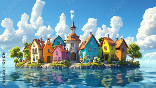 Colorful cartoon house in cartoon style on an island in the middle of the blue sea