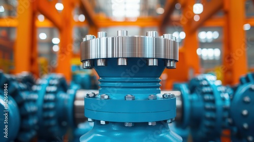 Industrial valve with blue coating in factory setting photo