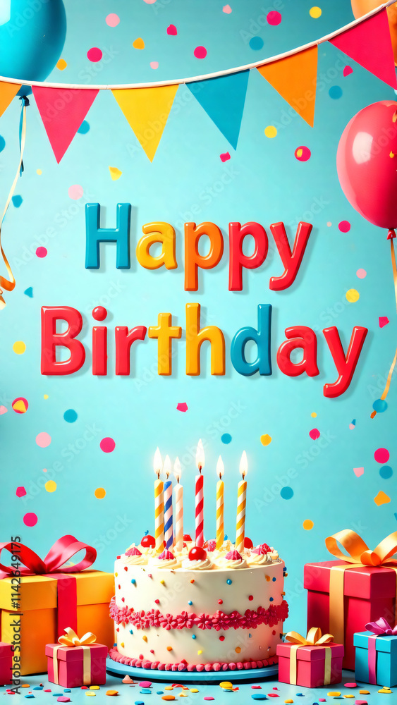 This is a joyful birthday card featuring a delightful cake and gifts