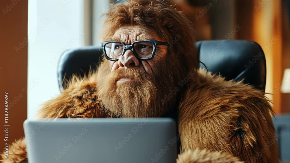Neanderthal man shocked and confused at work on a computer in an office setting