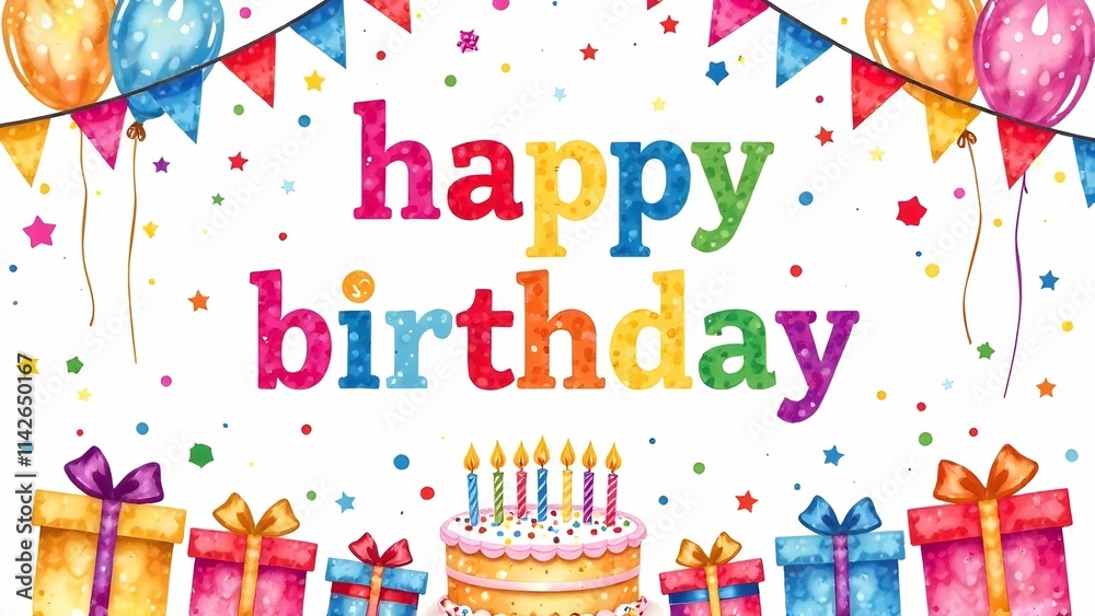 This is a joyful birthday card featuring a delightful cake and gifts