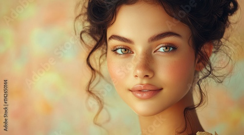 A close-up portrait of a beautiful european woman with long hair and make-up . Haircare, beauty and cosmetics concept. photo