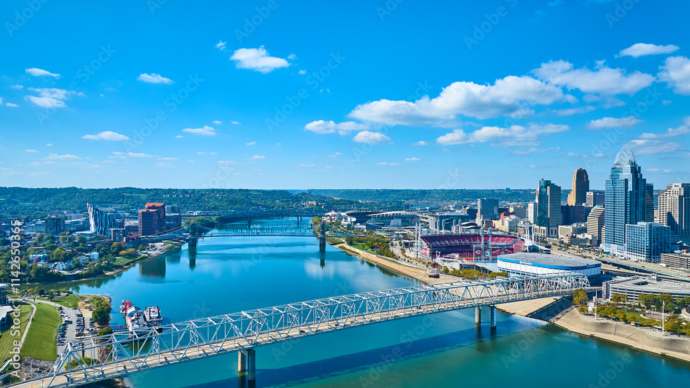 Fototapeta premium Aerial Cincinnati Skyline with Ohio River Bridge Connection