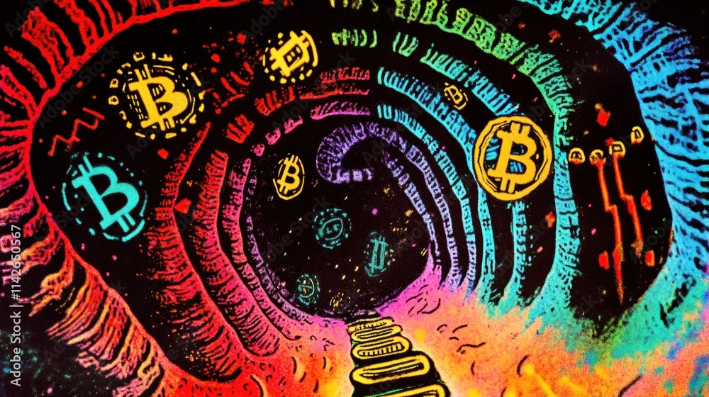 Fototapeta premium A surreal abstract vortex of golden and silver cryptocurrency coins spiraling through a tunnel of neon light trails and glowing blockchain patterns.