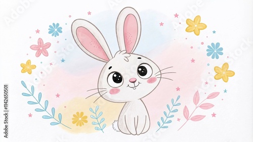 Cute Easter bunny in minimalist drawing with soft pastel colors and flowers