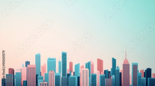 Modern city skyline with colorful buildings and soft hues