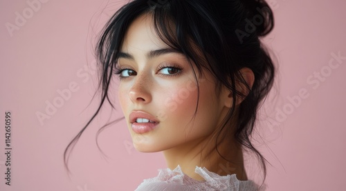 A close-up portrait of a beautiful european woman with long hair and make-up . Haircare, beauty and cosmetics concept. photo