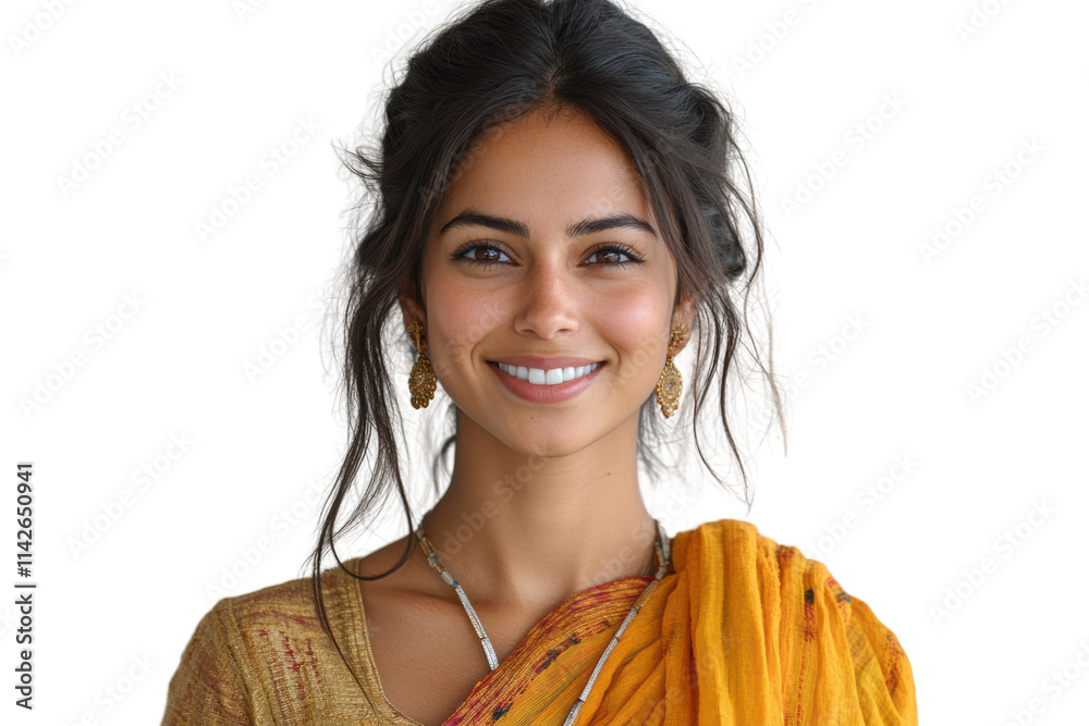 A joyful young woman with a warm smile, wearing a traditional outfit, showcasing cultural beauty and confidence against a white backdrop. A joyful young woman with a warm smile, wearing a traditional outfit, showcasing cultural beauty and confidence against a white backdrop.