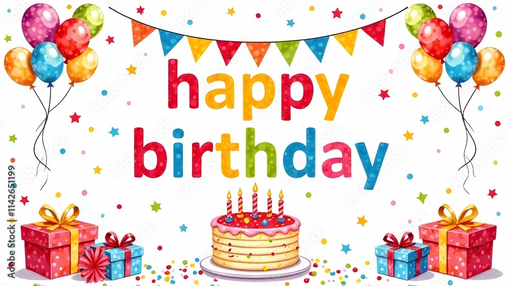 This is a joyful birthday card featuring a delightful cake and gifts