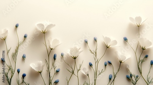Beautiful wild flowers chamomile, purple wild peas border. Daisy frame banner template. Beautiful spring or summer nature season background. Copy space for text, white background