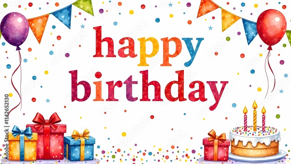 This is a joyful birthday card featuring a delightful cake and gifts