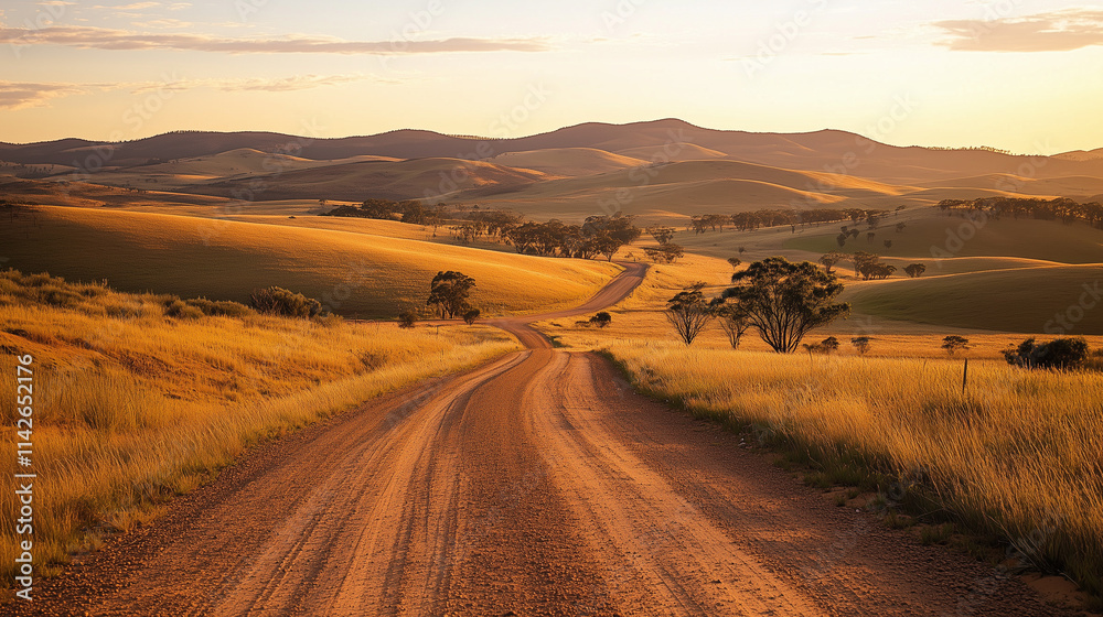 Australian outback landscape with winding dirt road and rolling hills. Australian outback landscape with winding dirt road and rolling hills.