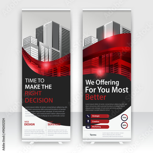Modern design of annual report display stands showcasing professional graphics in an office environment with red color