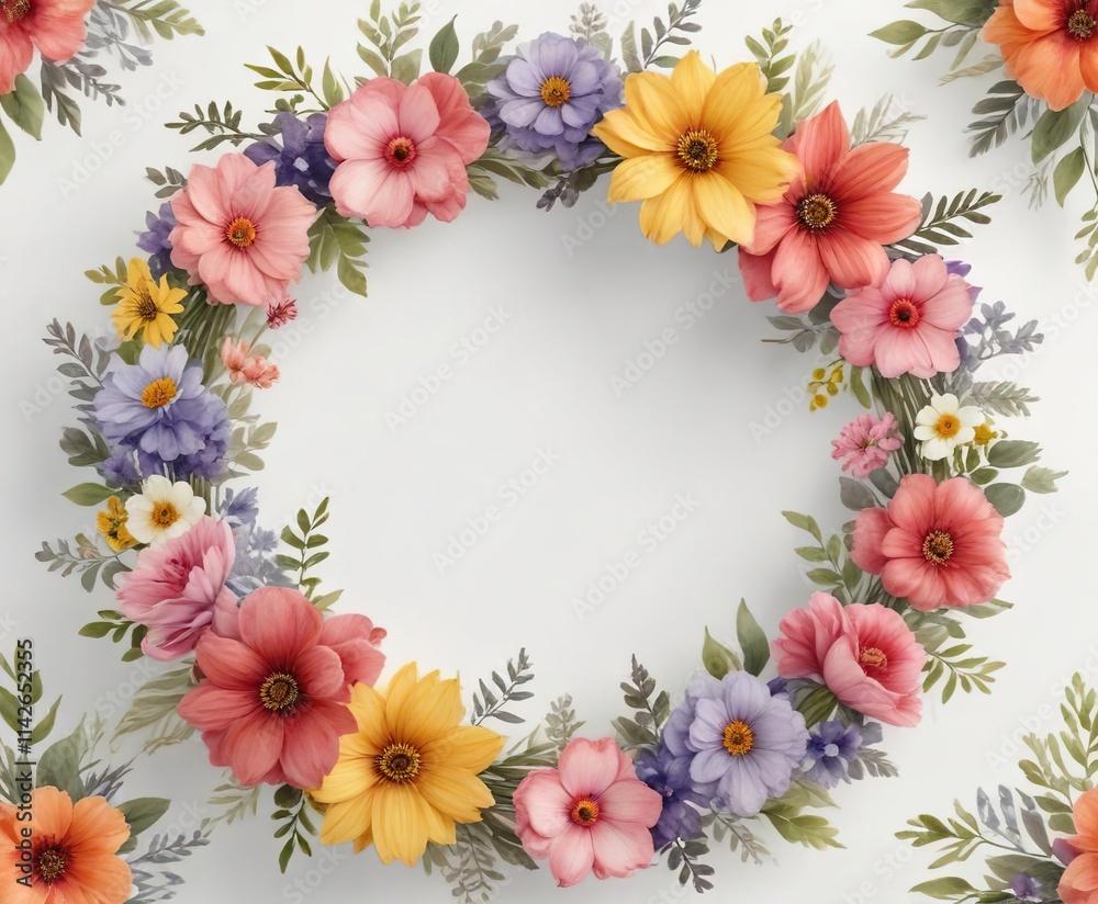Watercolor flowers in a wreath shape on a white background, spring floral crown, delicate details, feminine style, intricate art Watercolor flowers in a wreath shape on a white background, spring floral crown, delicate details, feminine style, intricate art
