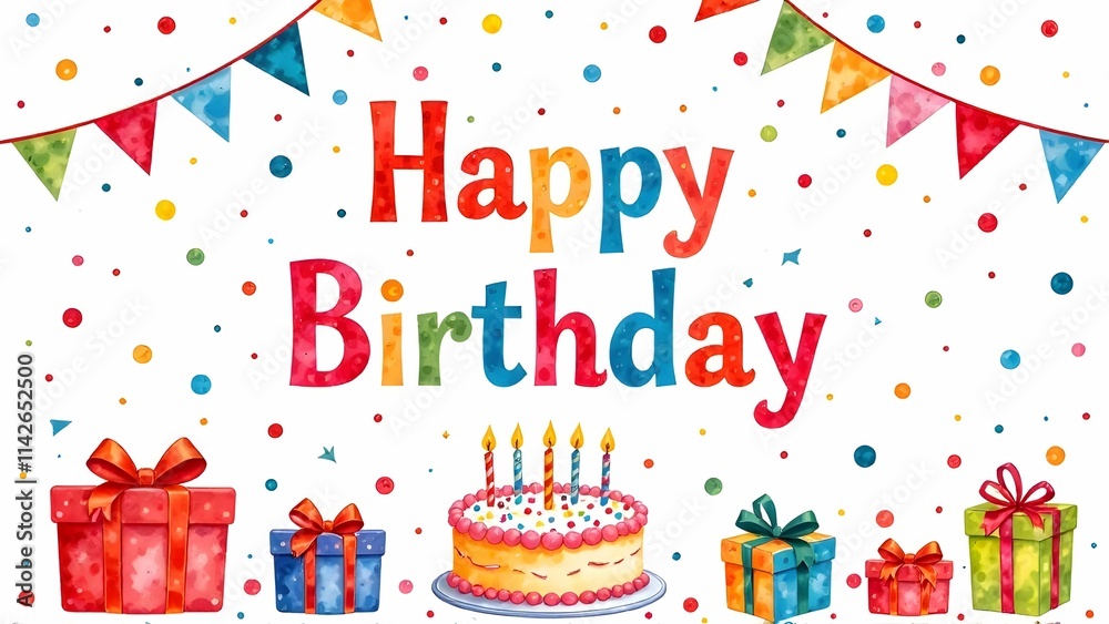 This is a joyful birthday card featuring a delightful cake and gifts