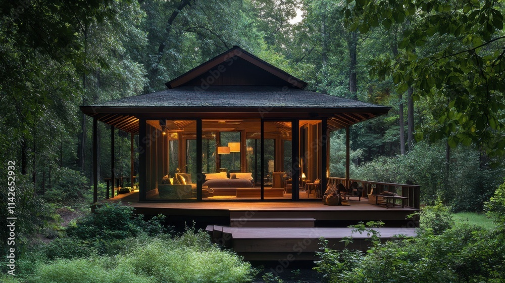 A tranquil forest cabin with a wraparound porch and soft morning light A tranquil forest cabin with a wraparound porch and soft morning light