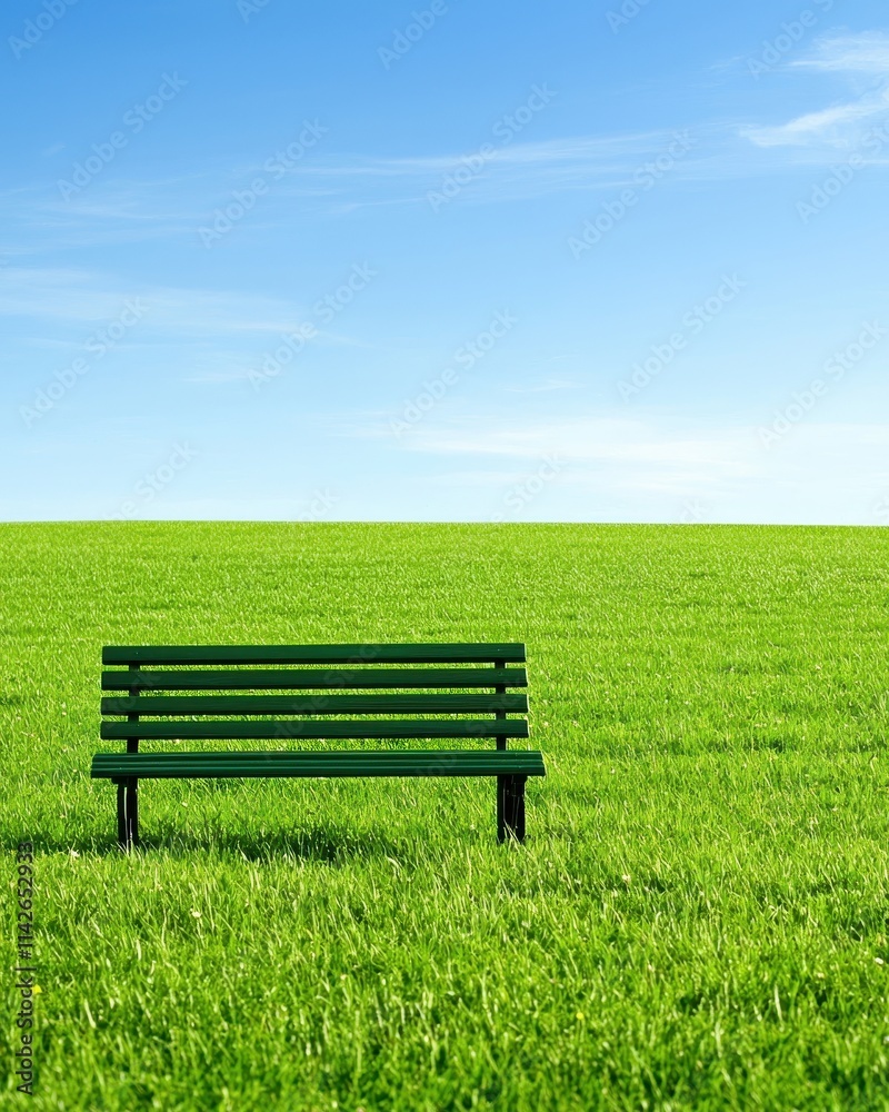 Solitary green bench on lush green grass under clear blue sky in serene nature landscape Solitary green bench on lush green grass under clear blue sky in serene nature landscape