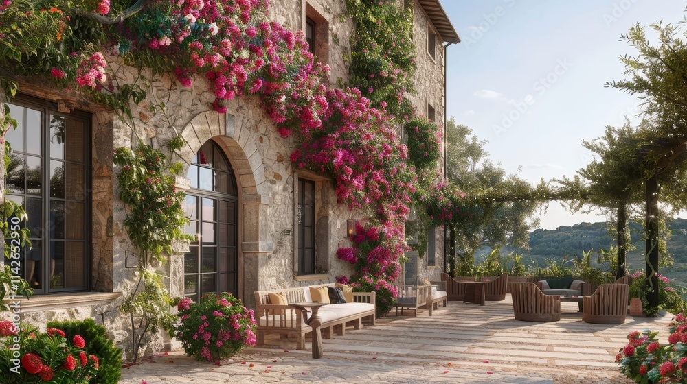 Charming tuscan stone villa surrounded by lush greenery and vibrant flower wall under blue sky Charming tuscan stone villa surrounded by lush greenery and vibrant flower wall under blue sky