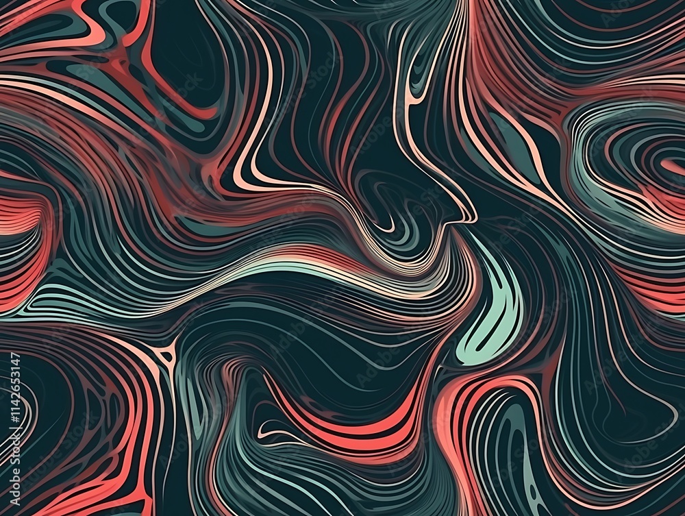 Obraz premium Abstract Swirling Lines Dark Teal Red Hues