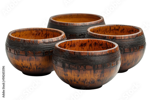 Wallpaper Mural A set of four beautifully crafted wooden bowls, showcasing rich textures and warm colors against a white isolated background. Torontodigital.ca
