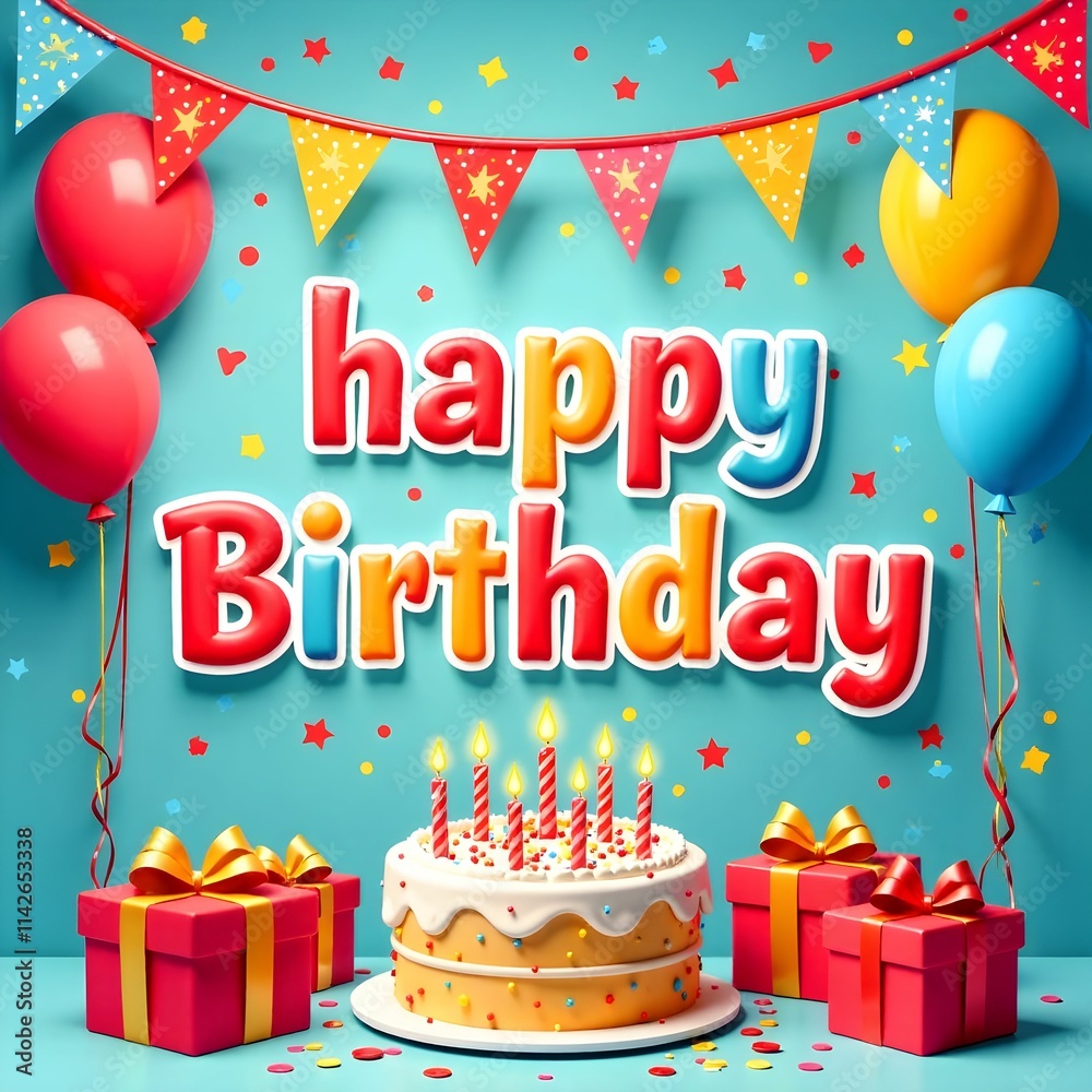 This is a joyful birthday card featuring a delightful cake and gifts