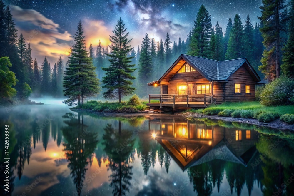 Fototapeta premium A cozy wooden cabin sits by a serene lake, surrounded by a misty forest at night. Lights inside are visible.