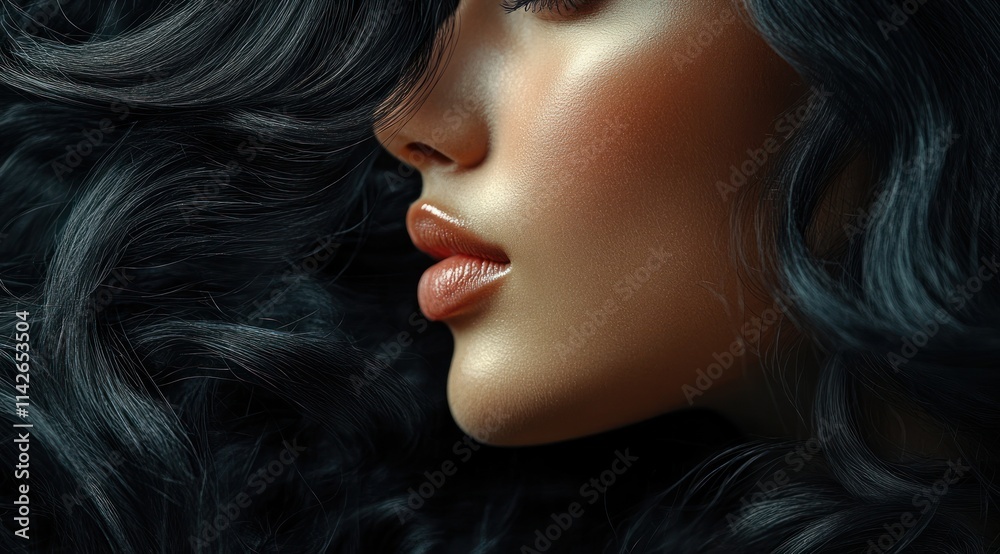 A close-up portrait of a beautiful european woman with long hair and make-up . Haircare, beauty and cosmetics concept.
