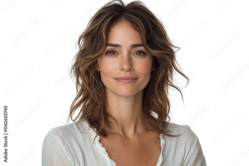 A smiling woman with wavy hair, wearing a white top, exuding warmth and positivity against a transparent background. A smiling woman with wavy hair, wearing a white top, exuding warmth and positivity against a transparent background.
