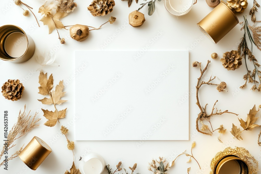 Elegant flat lay composition featuring seasonal decorations in gold and natural tones, including pine cones, leaves, and assorted plant elements on a white background. Elegant flat lay composition featuring seasonal decorations in gold and natural tones, including pine cones, leaves, and assorted plant elements on a white background.