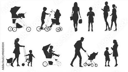Silhouettes of families with children and strollers enjoying outdoor activities. Vector icon