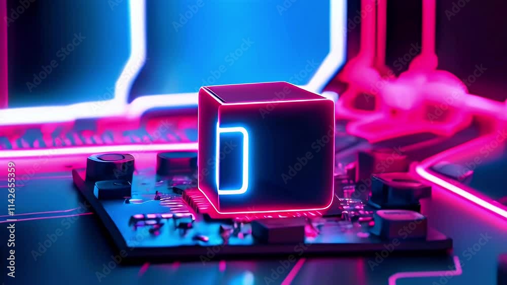 A neon-lit cube on a circuit board, symbolizing modern technology and innovation.
