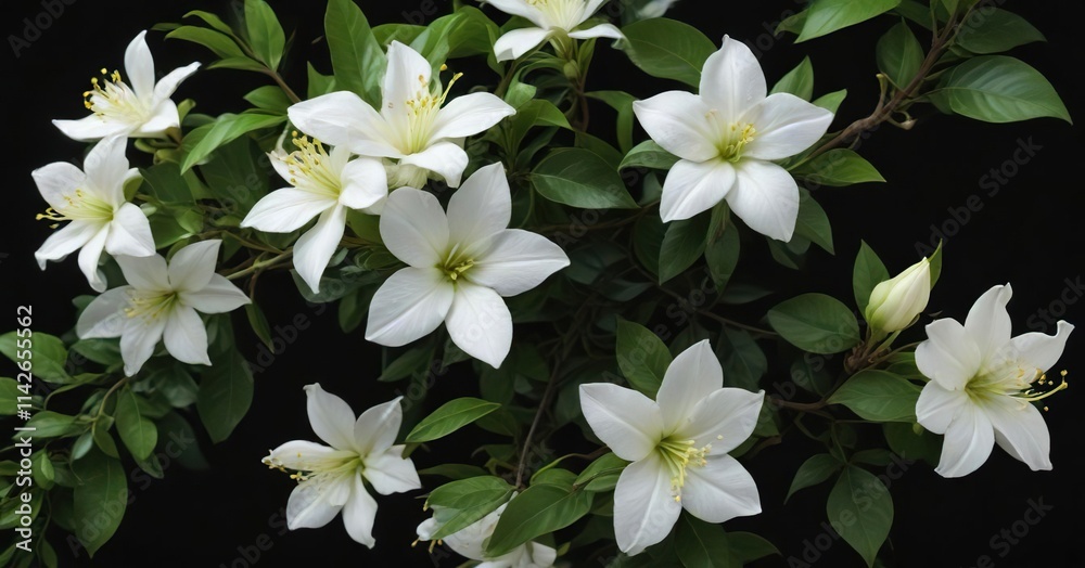 White jasmine flower with green foliage isolated on black backdrop, Summer, Flower Arrangement, Closeup White jasmine flower with green foliage isolated on black backdrop, Summer, Flower Arrangement, Closeup