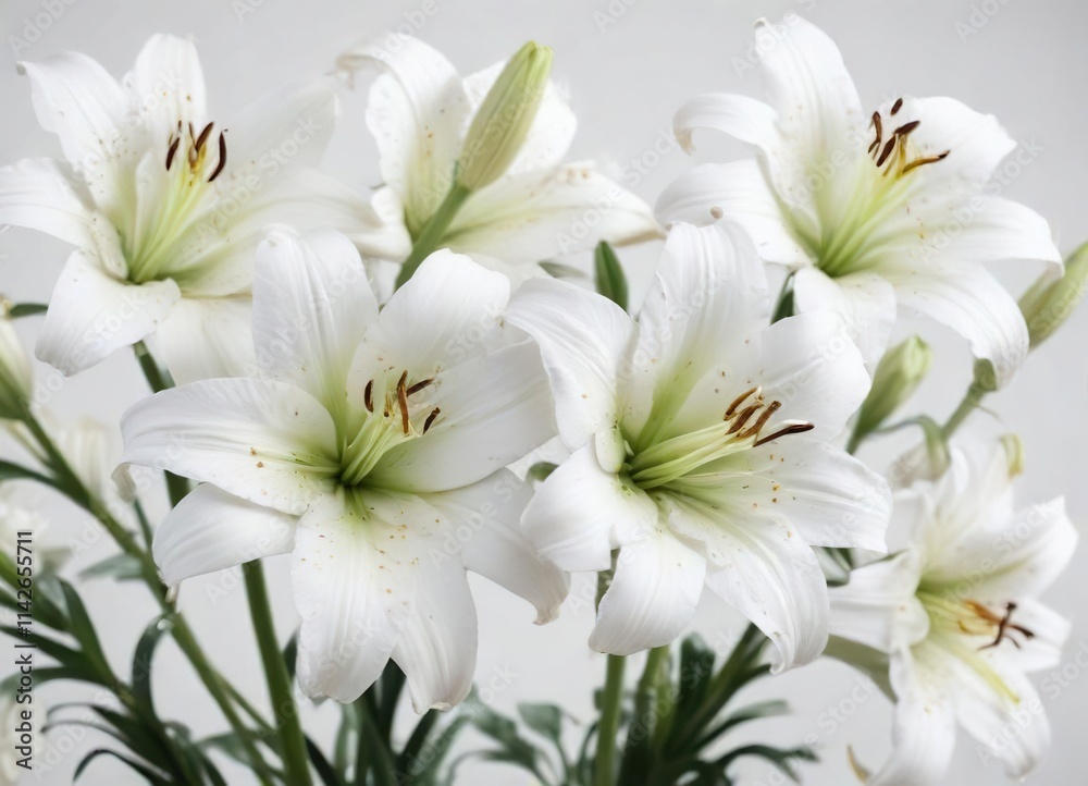 White lilies in bloom on clean white background, pure, isolated, flowers, lilies, minimalist White lilies in bloom on clean white background, pure, isolated, flowers, lilies, minimalist