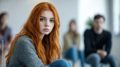 Contemplative Moment: Thoughtful Woman in Group. Diversity, mental health and group therapy session photo