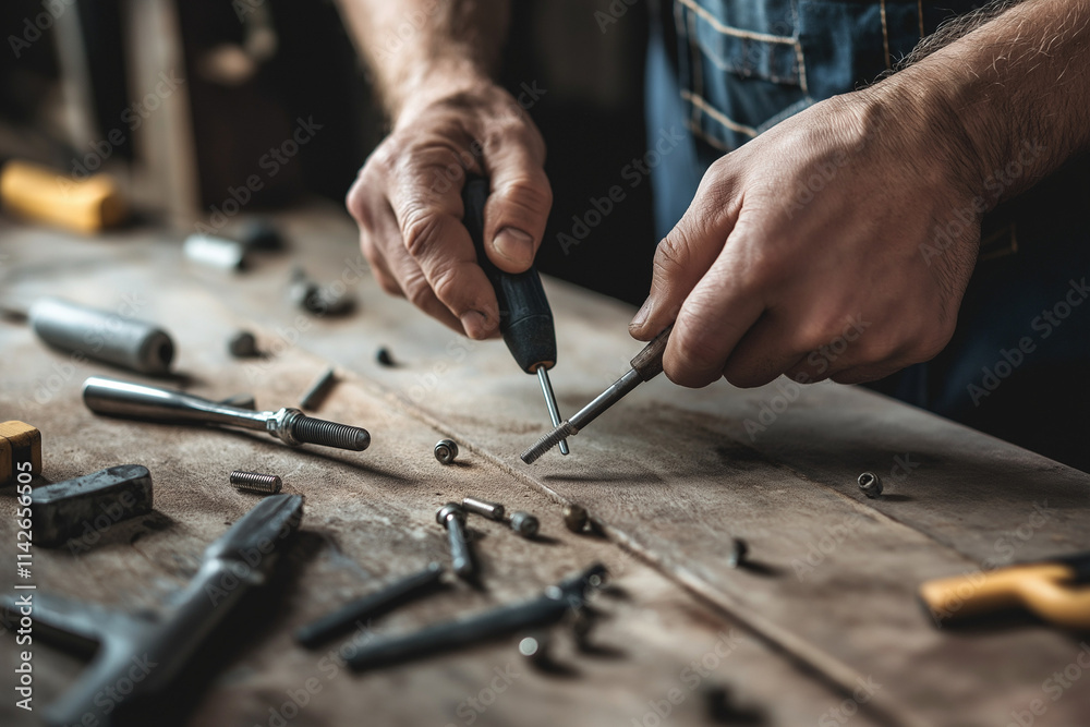 Father using tools to repair bolts and screws on a workbench Father using tools to repair bolts and screws on a workbench