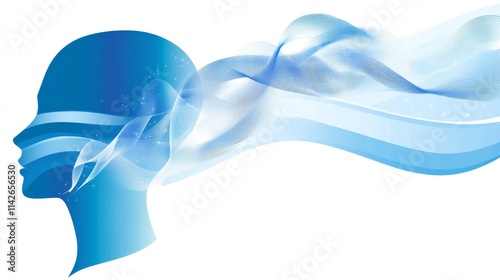 Abstract human head silhouette with flowing blue lines representing a calm mind or mental energy on a white background