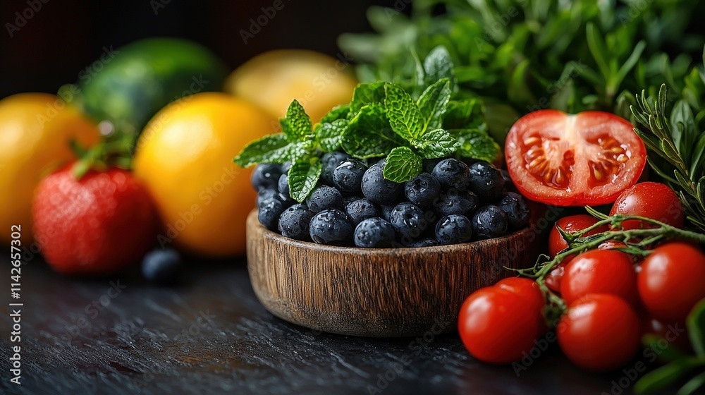 Fresh Organic Blueberries in Wooden Bowl with Vibrant Assorted Fruits and Herbs on Dark Background for Healthy Eating and Culinary Creativity Fresh Organic Blueberries in Wooden Bowl with Vibrant Assorted Fruits and Herbs on Dark Background for Healthy Eating and Culinary Creativity
