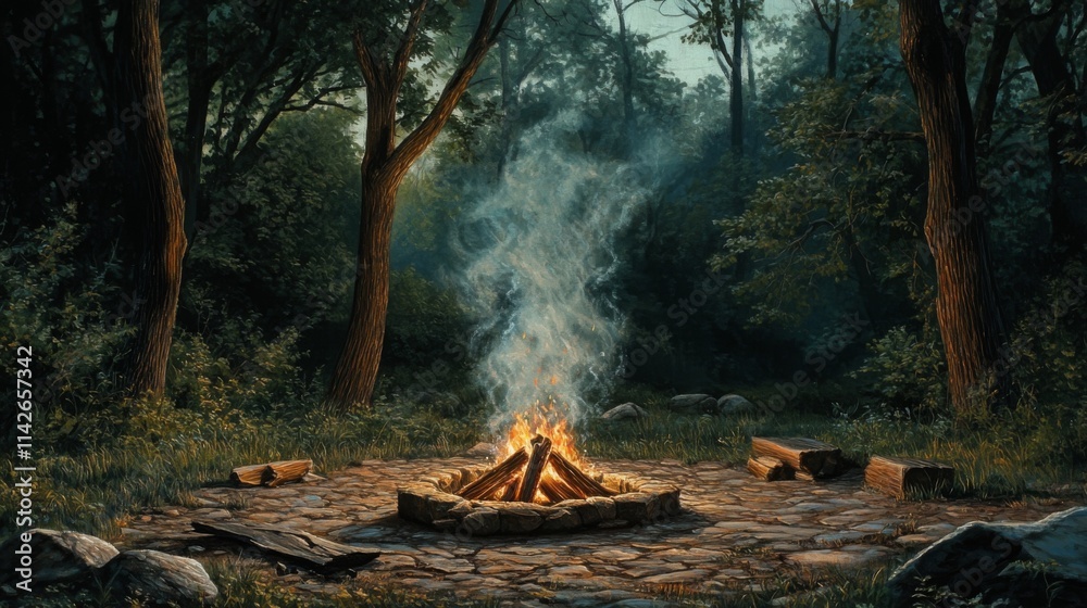 Serene Campfire Scene in a Lush Forest at Dusk with Smoky Flares Serene Campfire Scene in a Lush Forest at Dusk with Smoky Flares