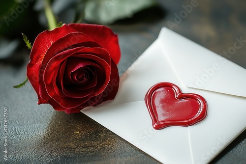 Romantic red rose beside a sealed letter with a wax heart seal on a dark wooden table, perfect for expressing love on special occasions like Valentine's Day or anniversaries photo